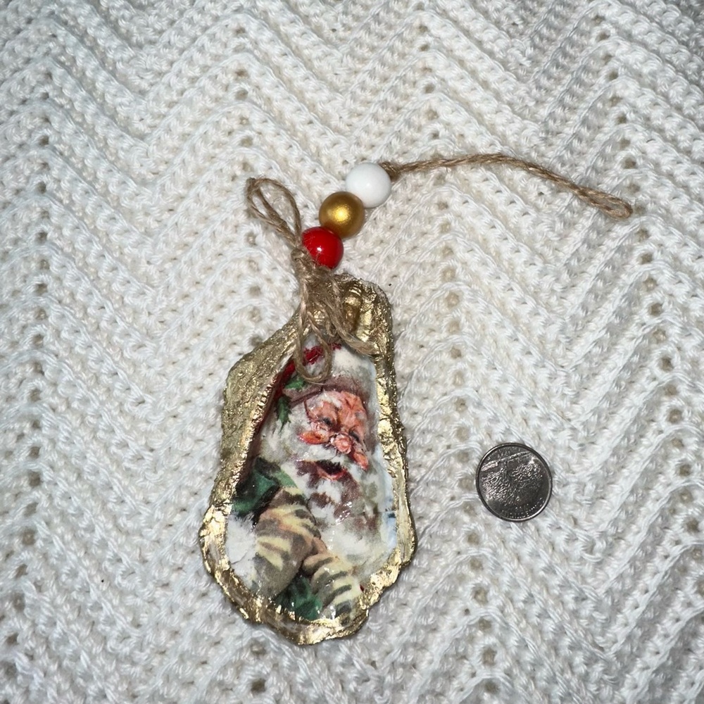 Handmade Decoupage Santa Oyster Shell Christmas Ornament